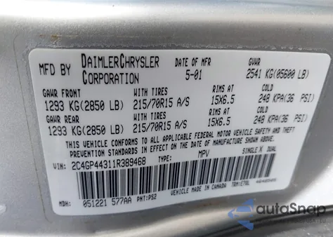 2001 Chrysler Town & Country Lx from USA, damaged, VIN 2C4GP44311R389468